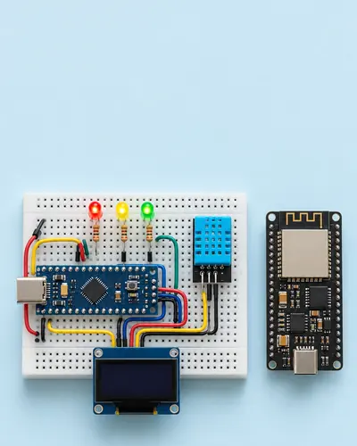 Arduino Nano en protoboard con LEDs, sensor DHT11, pantalla OLED y placa ESP32
