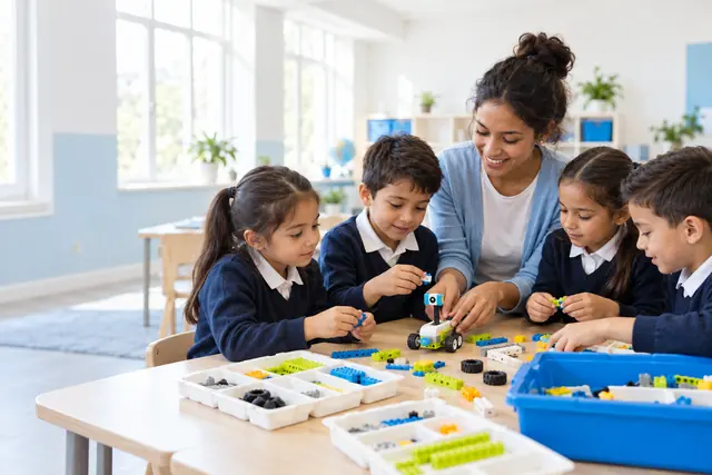Profesora y alumnos de primaria armando un robot con piezas de construcción en el aula