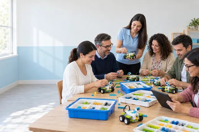 Profesores en una capacitación armando robots con kits en una mesa