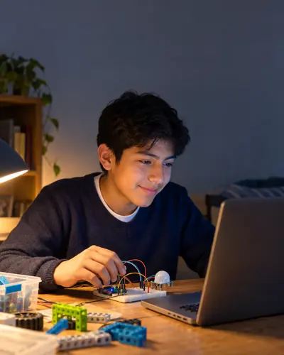 Estudiante haciendo un proyecto de electrónica en casa frente a su laptop