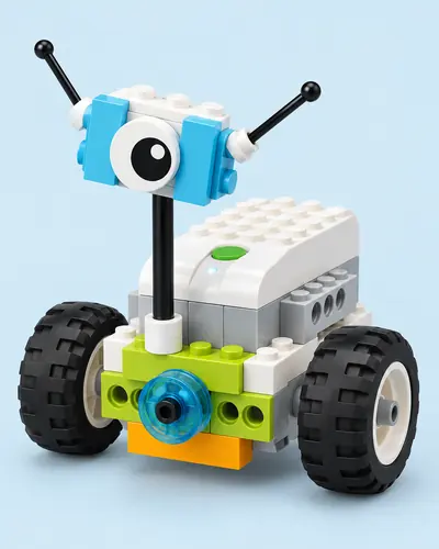 Robot rover de bloques con hub blanco y sensor celeste