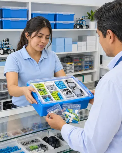 Vendedora entregando un kit de robótica a un cliente en una tienda de electrónica