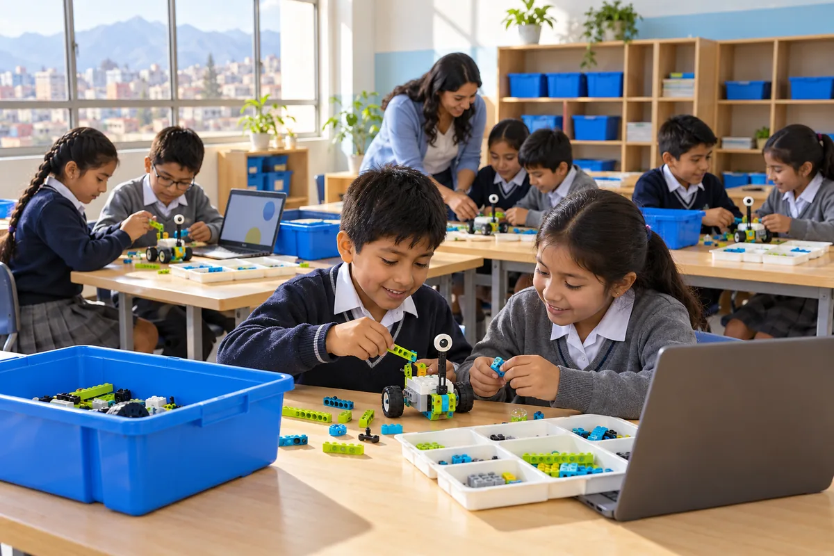 Alumnos de primaria con uniforme arman robots en parejas en un aula de robótica de Lima mientras la profesora los ayuda