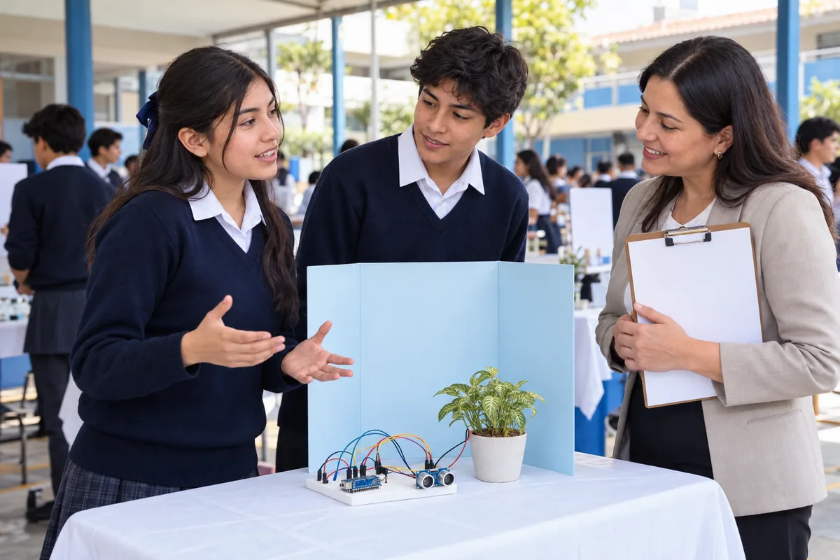 Dos alumnos de secundaria explican a su profesora un proyecto con Arduino y sensor de ultrasonido en la feria de ciencias del colegio