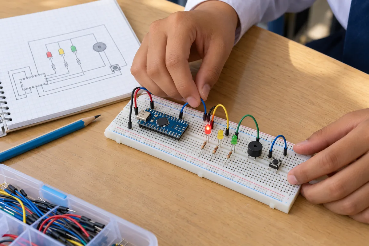 Manos de un estudiante conectan cables en una protoboard con un Arduino Nano, tres LEDs de colores, un buzzer y un pulsador