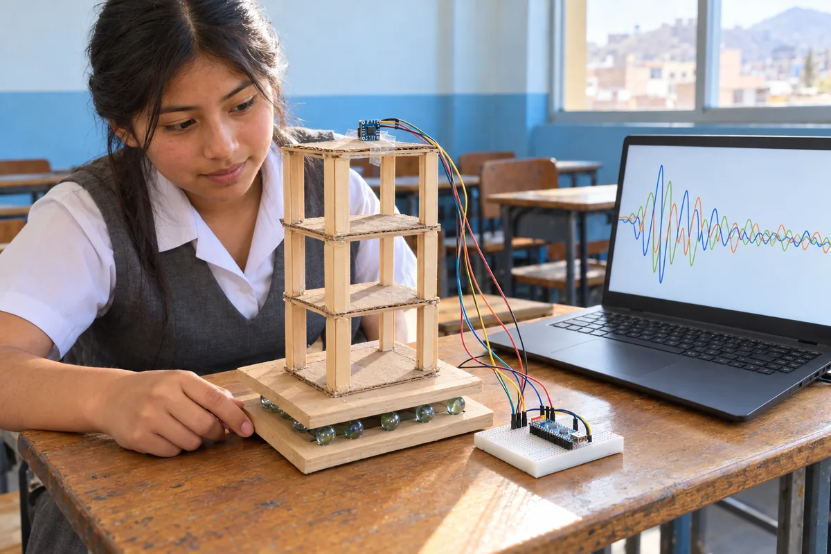Alumna empuja una mesa vibratoria con una maqueta de edificio de palitos y un acelerómetro conectado a un Arduino, con la gráfica en una laptop